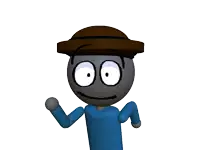 a cartoon character wearing a hat and blue shirt