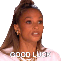 a woman says good luck in a sticker