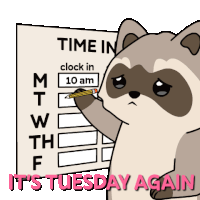 a cartoon raccoon is holding a pencil over a clock that reads time in clock in 10 am