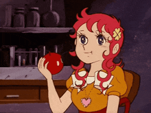 a girl with pink hair and a flower in her hair is holding a red apple