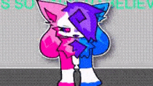 a cartoon of a pink and purple cat standing next to each other on a gray background .