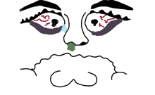 a drawing of a person 's face with a green object in their mouth