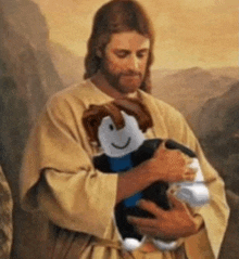 a painting of jesus holding a stuffed animal in his hands .