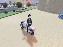 a video game character is riding a motorcycle in front of a store that says morris