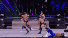 two men are wrestling in a wrestling ring with a referee .