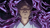 a drawing of a man with purple lines behind him