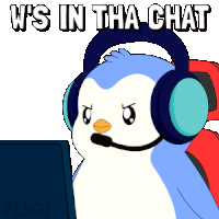 a cartoon penguin wearing headphones and a microphone says w 's in the chat