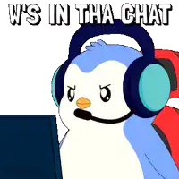 a cartoon penguin wearing headphones and a microphone says w 's in the chat
