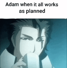 a man is eating an ice cream cone with the words adam when it all works as planned above him .