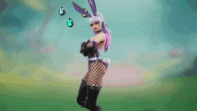 a woman in a bunny costume is standing in front of a bunny