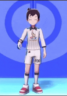 a cartoon character wearing a white shirt and shorts with the number 498 on them