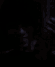 a close up of a person 's face in a dark room