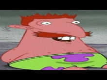patrick star from spongebob squarepants is a cartoon character with a red beard and green and purple shorts .