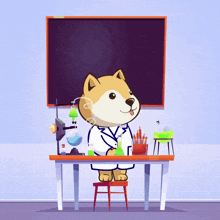 a cartoon dog in a lab coat is sitting at a table