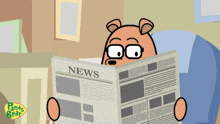 a cartoon of a bear reading a newspaper with pants bear written on the bottom right