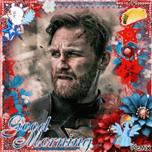 a picture of a man with a beard and the words good morning on the bottom
