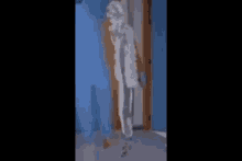 a ghost is standing in a doorway in a blue room .