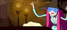 a cartoon character with pink hair and a black hat