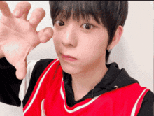 a young boy wearing a red and black vest reaches out his hand
