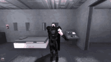 a video game character is standing in front of a bed