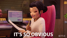a cartoon girl is sitting in a pink chair with the words " it 's so obvious " written below her