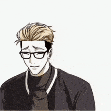 a man wearing glasses and a black jacket is smiling and looking down .
