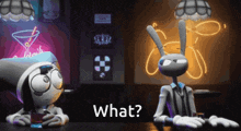 two cartoon characters are sitting at a bar and one of them says " what "