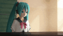 a girl with blue hair and a pink bow is sitting in front of a piano