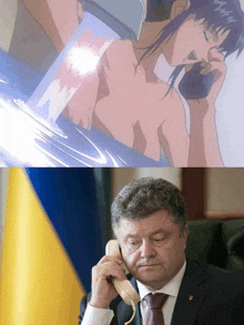 a man in a suit and tie talking on a phone