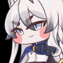 a close up of a cartoon character with long white hair .