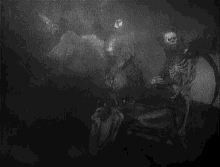 a black and white photo of a skeleton in a foggy room