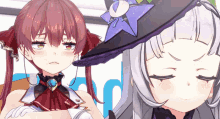 a girl with red hair and a witch hat stands next to a girl with white hair