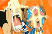 a couple of cartoon characters are standing next to each other with their mouths open and their eyes glowing .