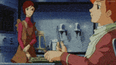 a woman in a red dress is standing next to a boy in a red jacket who is holding a pair of scissors