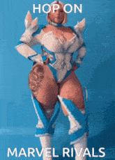 a poster of a woman in a superhero costume with the words hop on marvel rivals