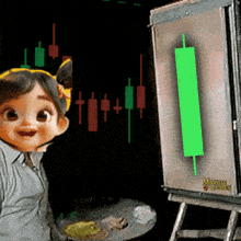 a little girl is standing next to a painting of a green candlestick on an easel