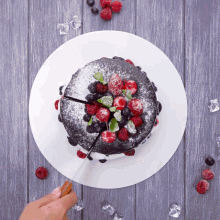 a person is cutting a chocolate cake with berries on top