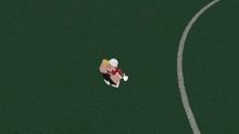 a cartoon character wearing a red and black striped shirt and a white helmet is standing on a soccer field