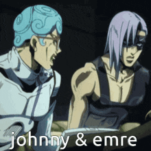 a couple of cartoon characters standing next to each other with the words johnny & emre written on the bottom