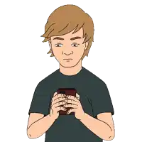 a cartoon of a young man holding a cell phone