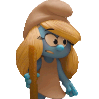 a smurf with blonde hair and a brown hat