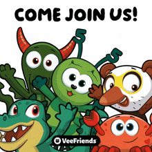 a group of cartoon characters standing next to each other and the words come join us