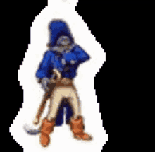 a pixel art drawing of a cat wearing a blue coat and boots