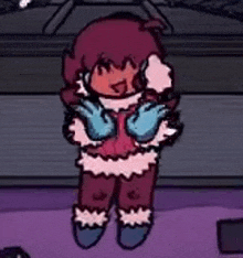 a cartoon girl is standing on a purple floor in a room wearing headphones and gloves .