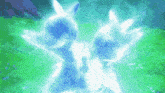 a cartoon character is surrounded by a blue and green background