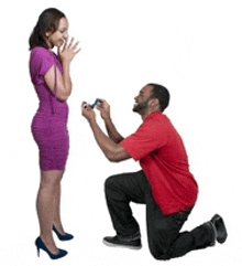 a man in a red shirt is kneeling down and proposing to a woman in a purple dress