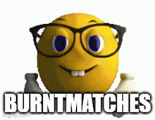 a yellow smiley face with glasses and the words burntmatches written below it