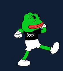 a cartoon frog wearing a black shirt that says boost