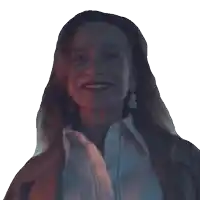 a woman is smiling and says hello in front of a white background