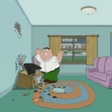 peter griffin from family guy is standing in a living room with a couch